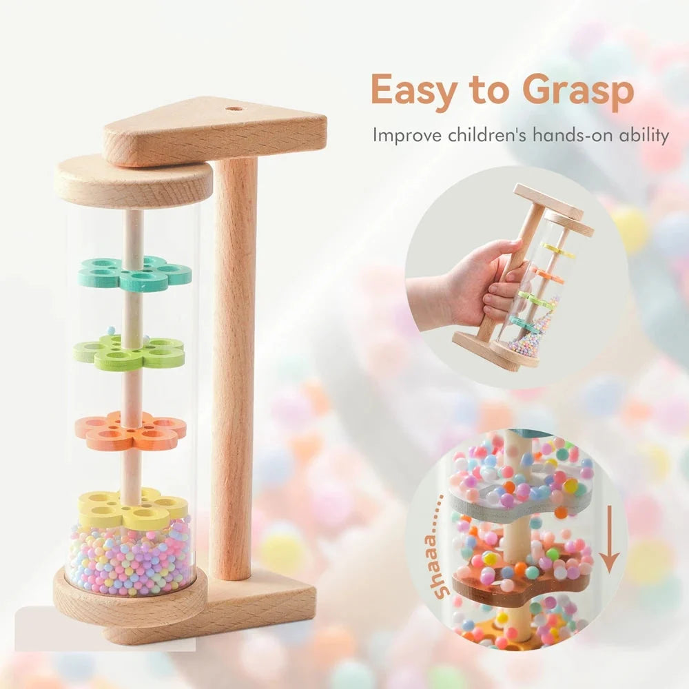 Wooden rain stick sensory musical toy with colorful bead chamber and hand grip