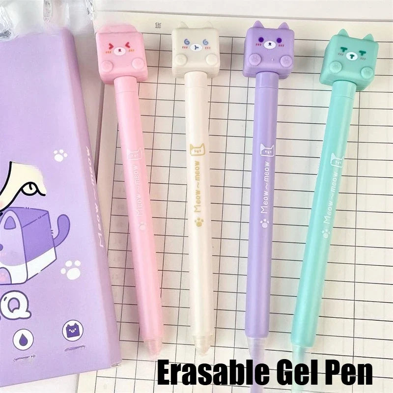 Kawaii Cat Erasable Gel Pens – Cute 4-Piece Stationery Set | Blue Erasable Ink
