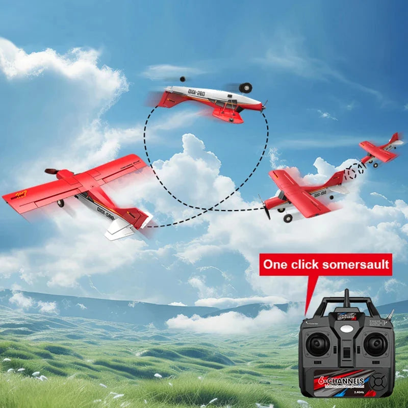 Red RC airplane performing loop maneuver with remote transmitter and controller