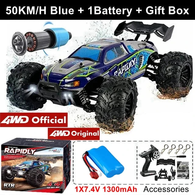 Blue and green 1:16 4x4 off-road RC truck with rear spoiler and knobby tires