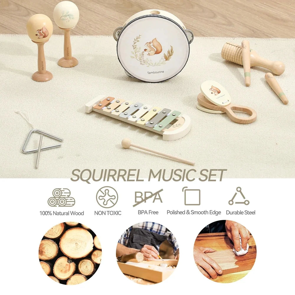Montessori Baby Musical Instruments – Wooden Drum, Xylophone, Maracas, Trumpet & More | 0–12 Months | Early Education | Baby Shower Gift
