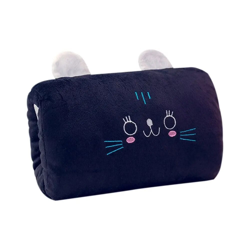 Navy plush hand warmer pillow with cat face, white ear pads and pink blush details