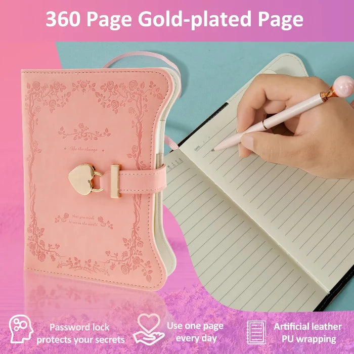 Kawaii Pastel Diary with Heart Lock – 360 Page PU Leather Locked Journal | B6 | Pink & Lilac | Cute Diary Gift