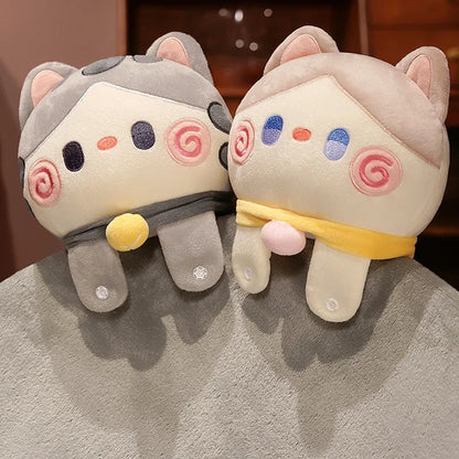 Grey and white cat pillow blanket rolls with yellow and pink ties, cute face patches