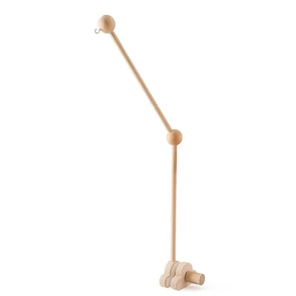 Wooden baby crib mobile holder with angled arm and rounded base connector