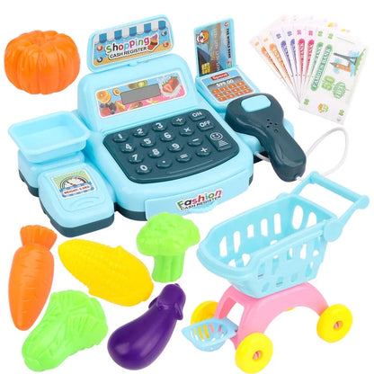 Blue cash register toy with grocery play foods, basket, and store scanner gun