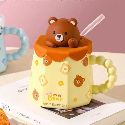 Yellow Bear mug with 3D bear head lid and clear straw, 400ml