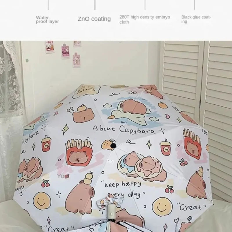 Kawaii Capybara Umbrella | 3-Fold Rain & UPF 50+ Sun Umbrella
