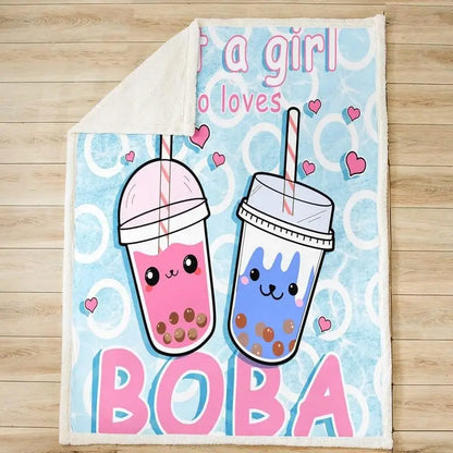 Boba tea fleece blanket folded with boba drink illustration, hearts, and B0BA text