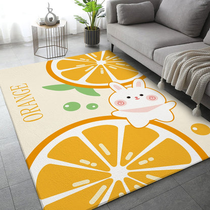 Yellow and white rabbit area rug with illustrated bunny face and playful sun shapes