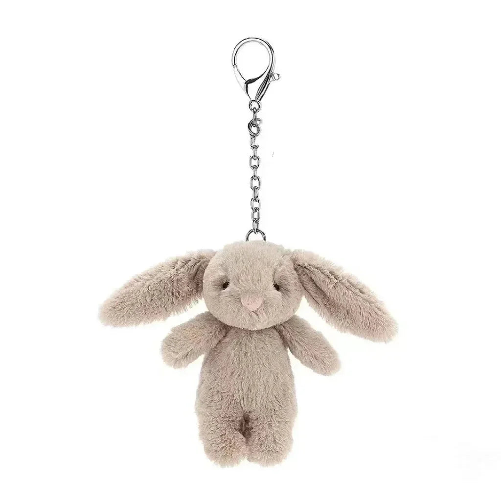 Beige rabbit plush keychain with silver chain and metal ring clasp