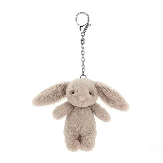 Beige rabbit plush keychain with silver chain and metal ring clasp