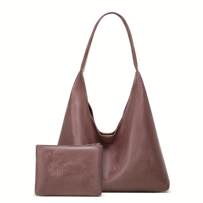 Mauve leather-look shoulder tote bag with matching zip pouch pocket
