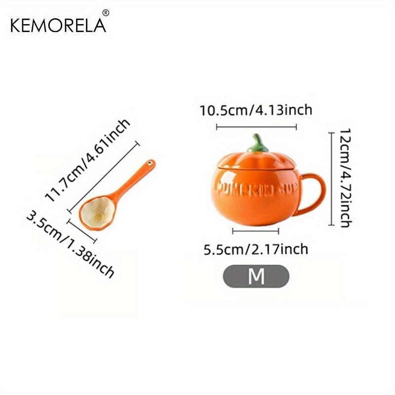 Pumpkin-shaped ceramic mug dimensions (M), orange glaze, green stem, includes spoon
