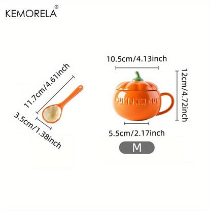 Pumpkin-shaped ceramic mug dimensions (M), orange glaze, green stem, includes spoon