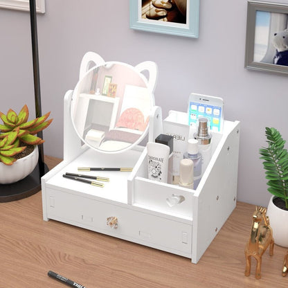 White makeup storage organizer with round mirror, open compartments, and drawer