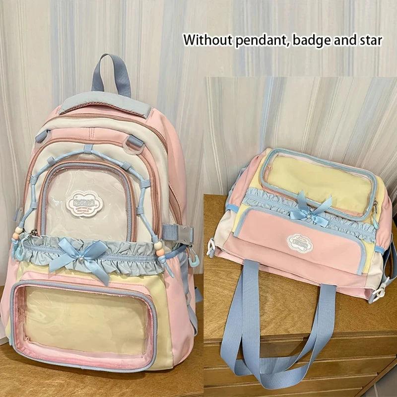 Pastel backpack and tote set, pink and blue with cloud patch and ruffled bow front