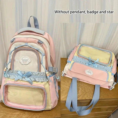 Pastel backpack and tote set, pink and blue with cloud patch and ruffled bow front