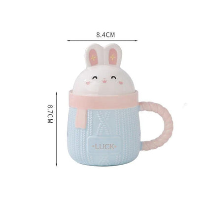 Rabbit-lid bunny ceramic mug, approx. 8.4 cm wide and 8.7 cm tall.