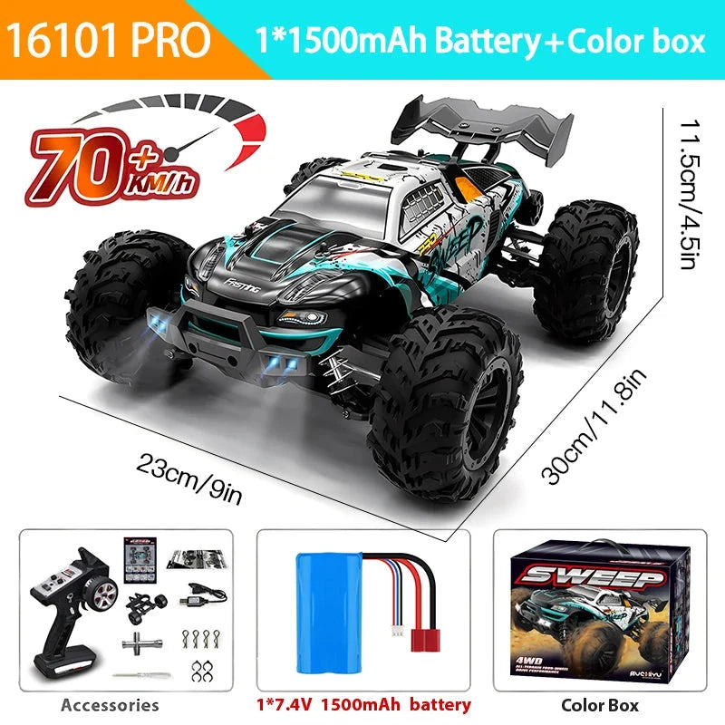 Speed RC monster truck in silver and teal with black off-road tires and LED headlights