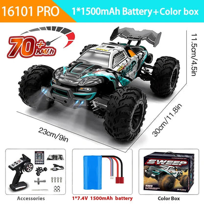 Speed RC monster truck in silver and teal with black off-road tires and LED headlights