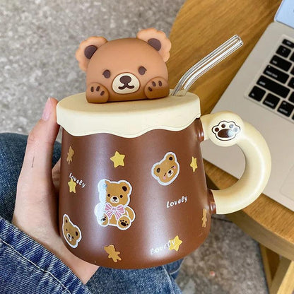 Teddy bear mug with lid and straw, brown cup with bear graphic and star accents