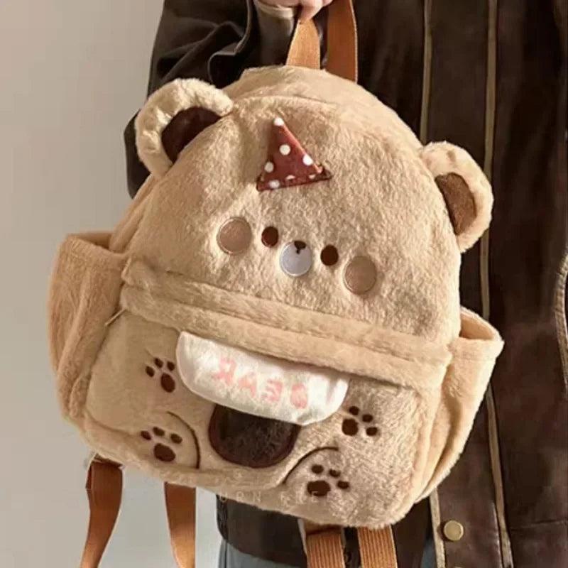 Plush bear backpack light tan with front pouch and brown shoulder straps
