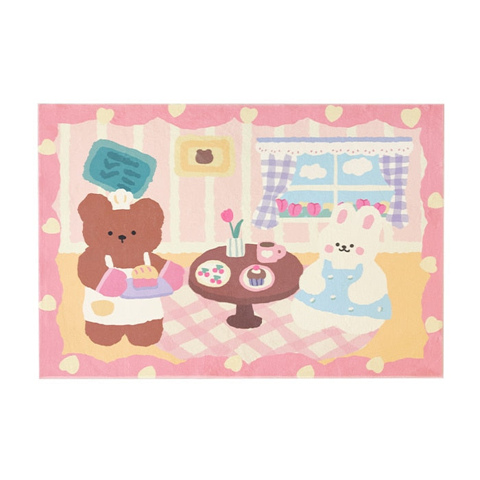 Pastel plush area rug with bear baking scene, table desserts, and windows in pink and blue