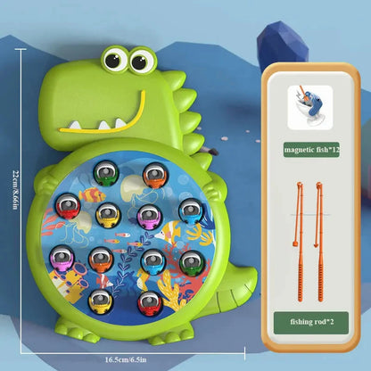Blue dinosaur magnetic fishing board with fish discs and two orange fishing rods