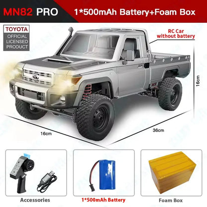 Silver 1:12 RC off-road pickup truck kit with controllable lights, battery, and foam box