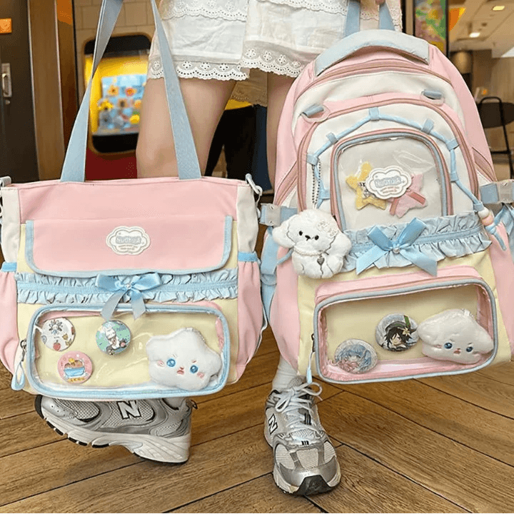 Pastel backpack and matching tote set with cartoon patch and ruffle trim
