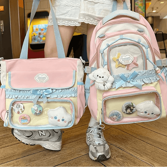 Pastel backpack and matching tote set with cartoon patch and ruffle trim