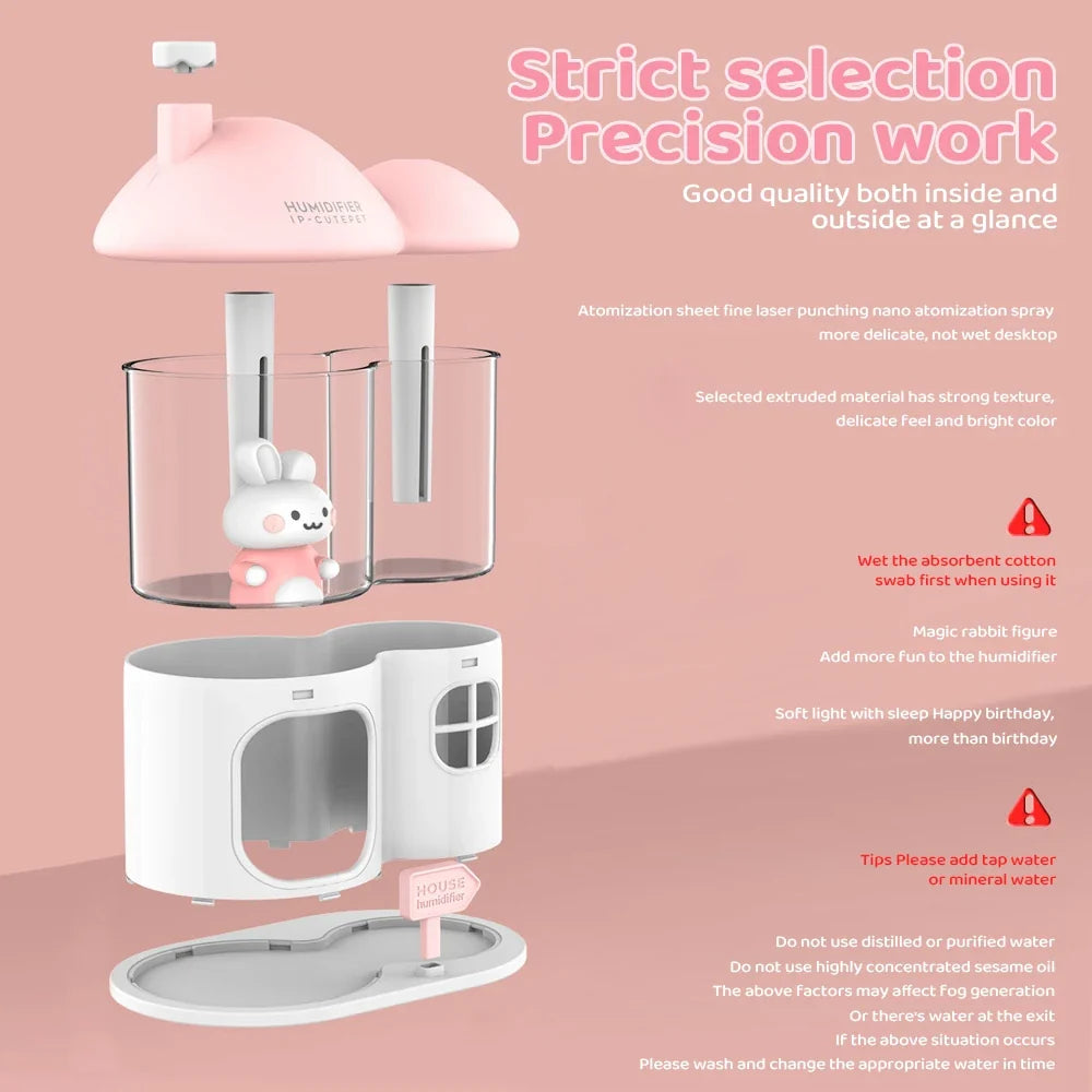 Kawaii Bunny House Humidifier Night Light – 7-Colour LED Cute Desktop Humidifier | Pink & White
