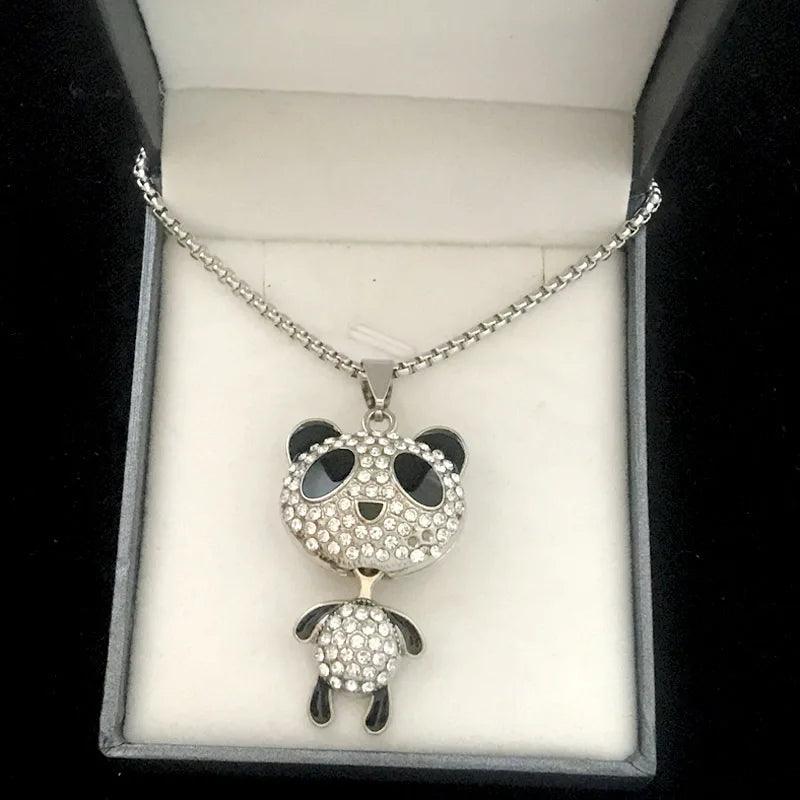 Panda pendant necklace with rhinestone face and small body charm on silver chain