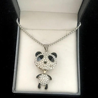 Panda pendant necklace with rhinestone face and small body charm on silver chain