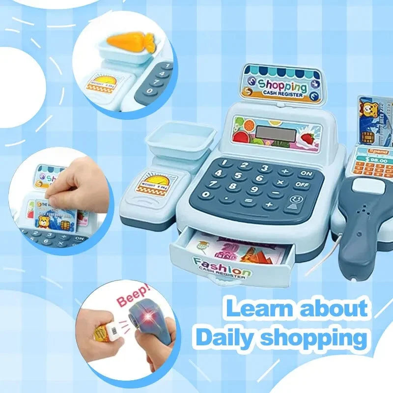 Blue shopping cash register toy with calculator-style keypad and handset scanner