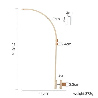 Wooden crib mobile stand with arched beam; labeled dimensions and weight