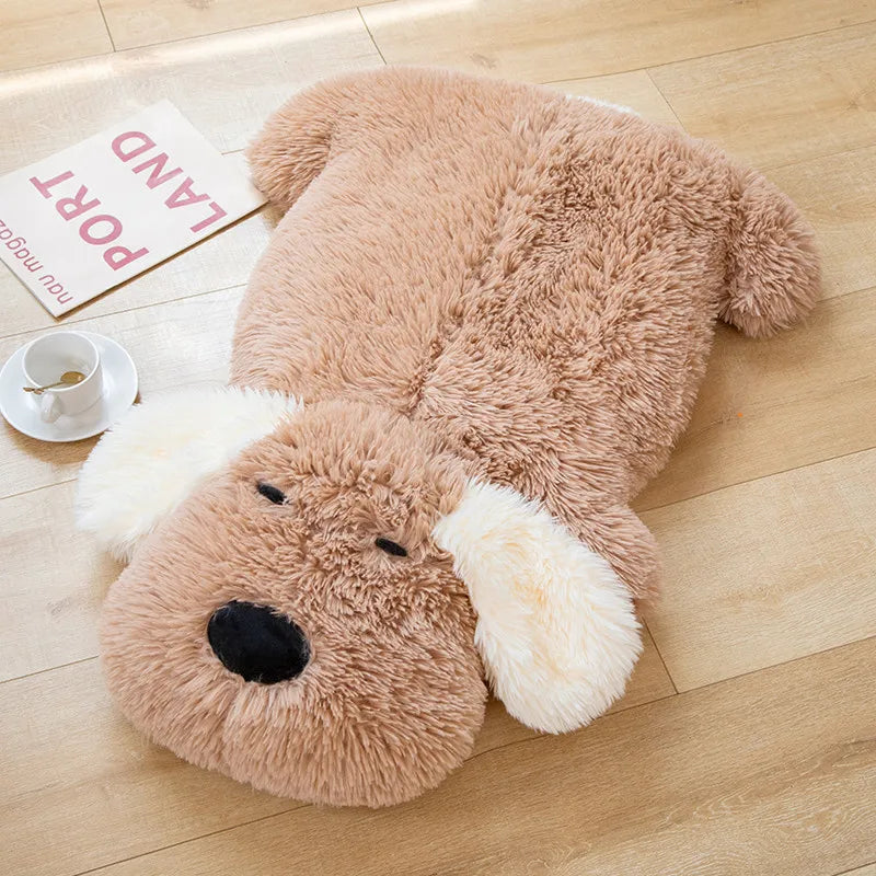 Close-up brown plush puppy area rug with white snout and black nose