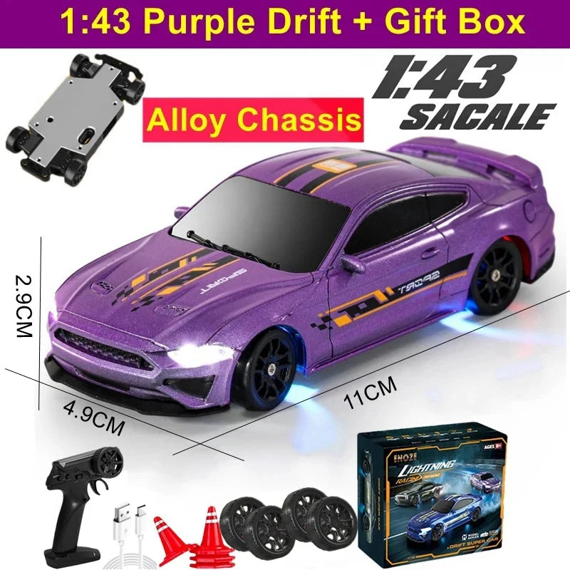 1:43 purple alloy-chassis drift RC car with gift box and included accessory parts