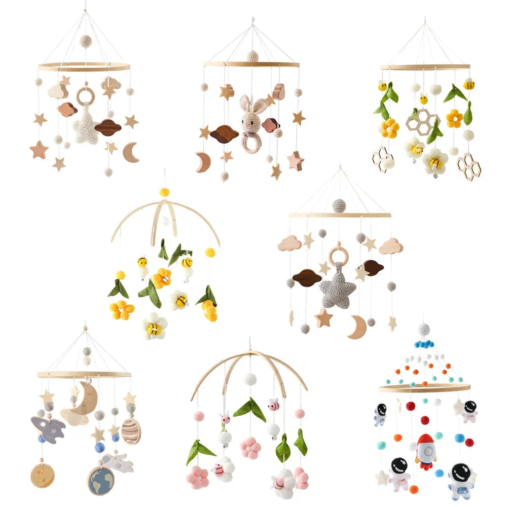 Wooden baby crib mobile set with star, moon, and animal hanging charms