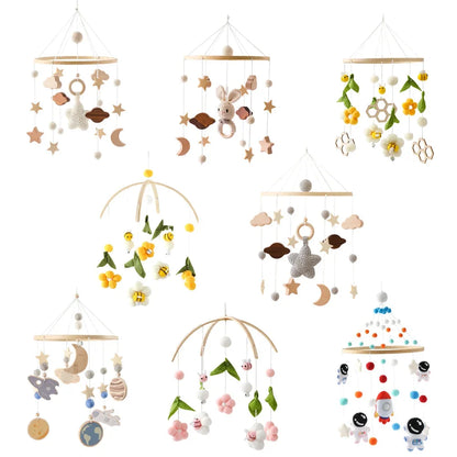 Wooden baby crib mobile set with star, moon, and animal hanging charms