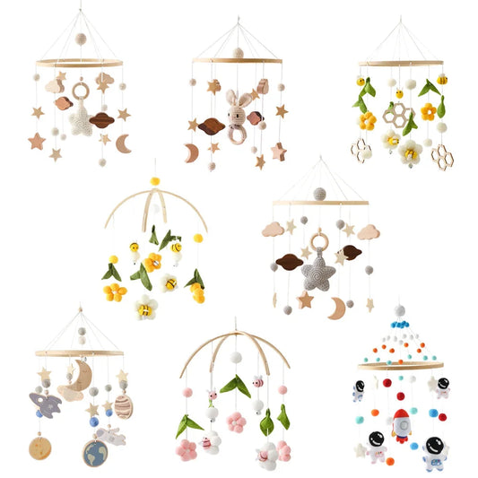 Wooden baby crib mobile set with star, moon, and animal hanging charms