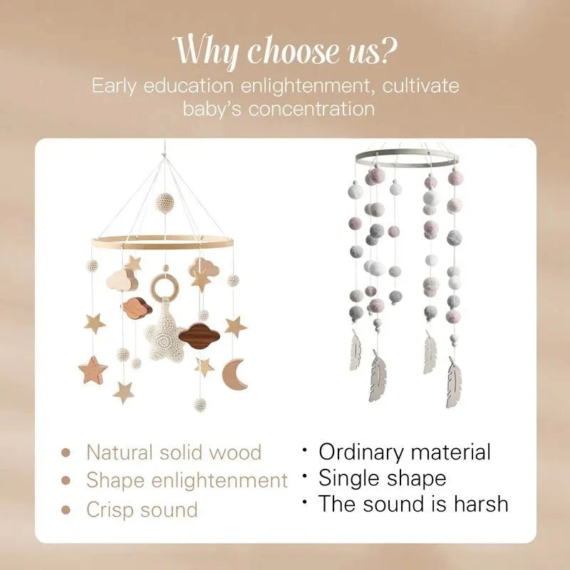 Wooden baby crib mobile with natural wood ring and moon-and-star hanging charms