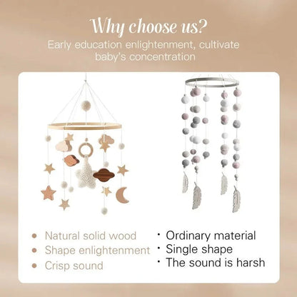 Wooden baby crib mobile with natural wood ring and moon-and-star hanging charms