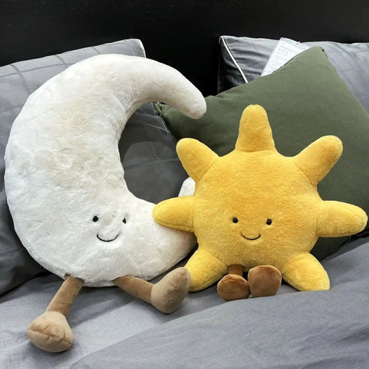 Weather plush pillow set: smiling white moon and yellow sun stuffed toys