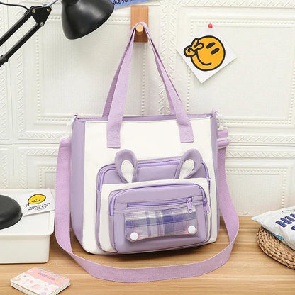 Lavender bunny-ear tote shoulder bag with front plaid pocket and adjustable shoulder strap