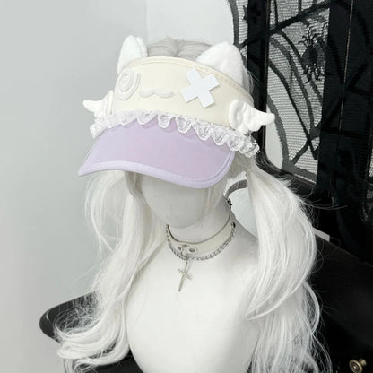 Lavender cat-ear visor with lace trim and white kitty face patch