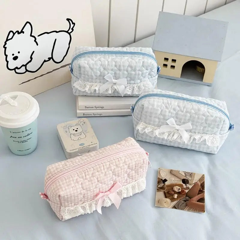 Kawaii Gingham & Lace Pencil Case – Cute Vintage Aesthetic Stationery | Pink & Blue
