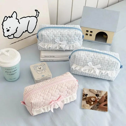 Kawaii Gingham & Lace Pencil Case – Cute Vintage Aesthetic Stationery | Pink & Blue
