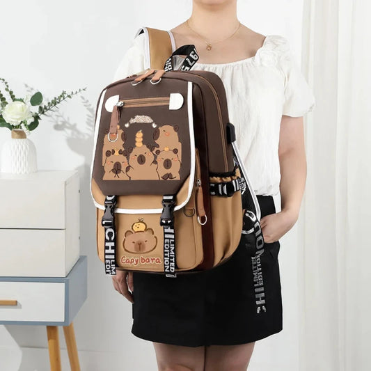 Kawaii Capybara Backpack with Pencil Case – Cute School Bag Set for Teens & Adults